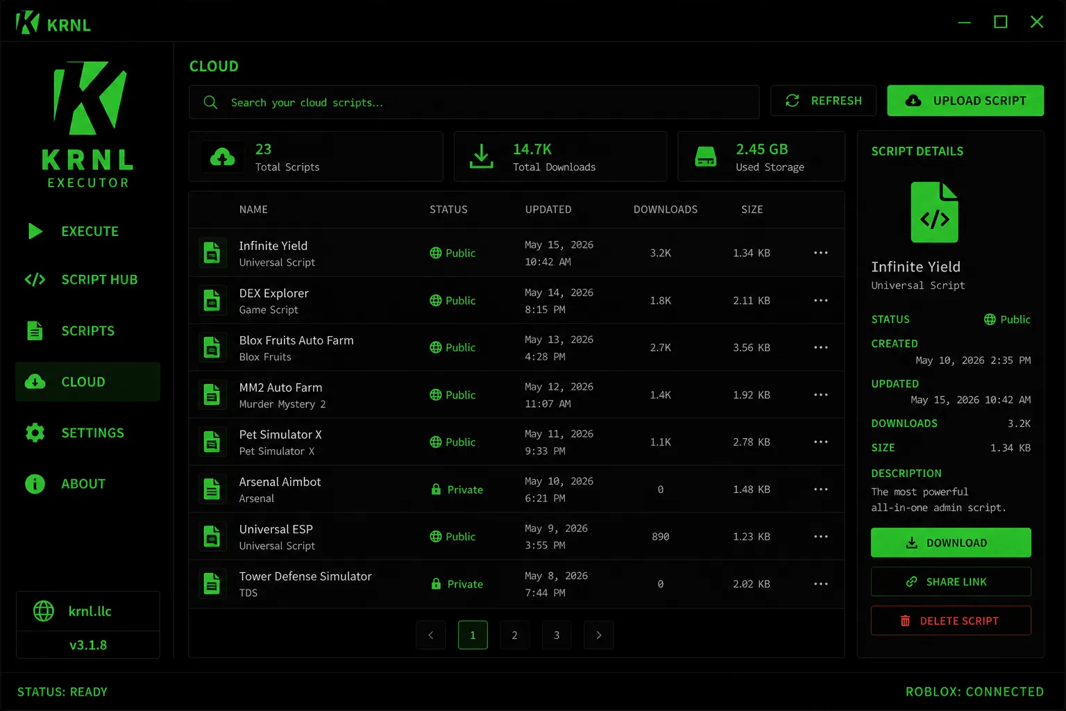 KRNL Executor cloud storage view listing saved Roblox scripts with status and size