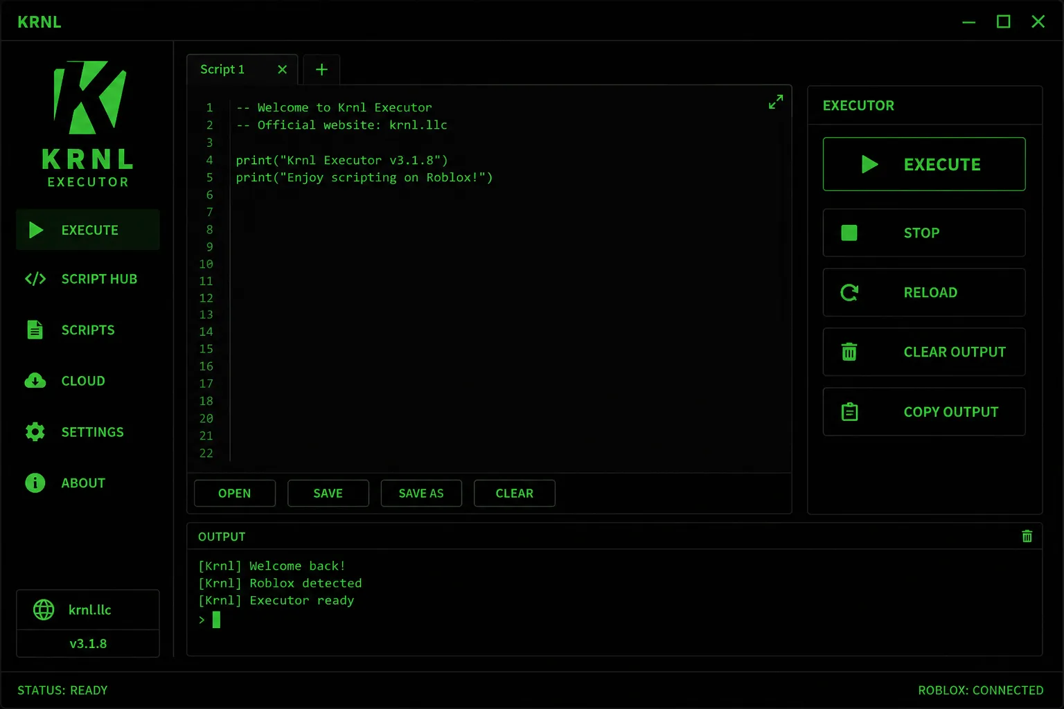 KRNL Executor v3.1.8 interface showing the Lua script editor, Execute button and output console