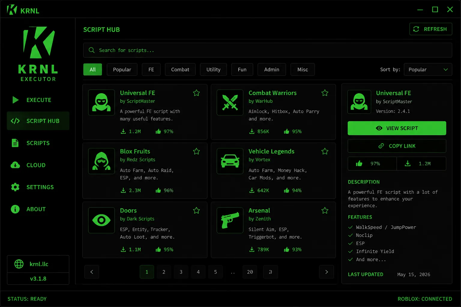 KRNL Executor Script Hub with searchable script cards, ratings and download counts
