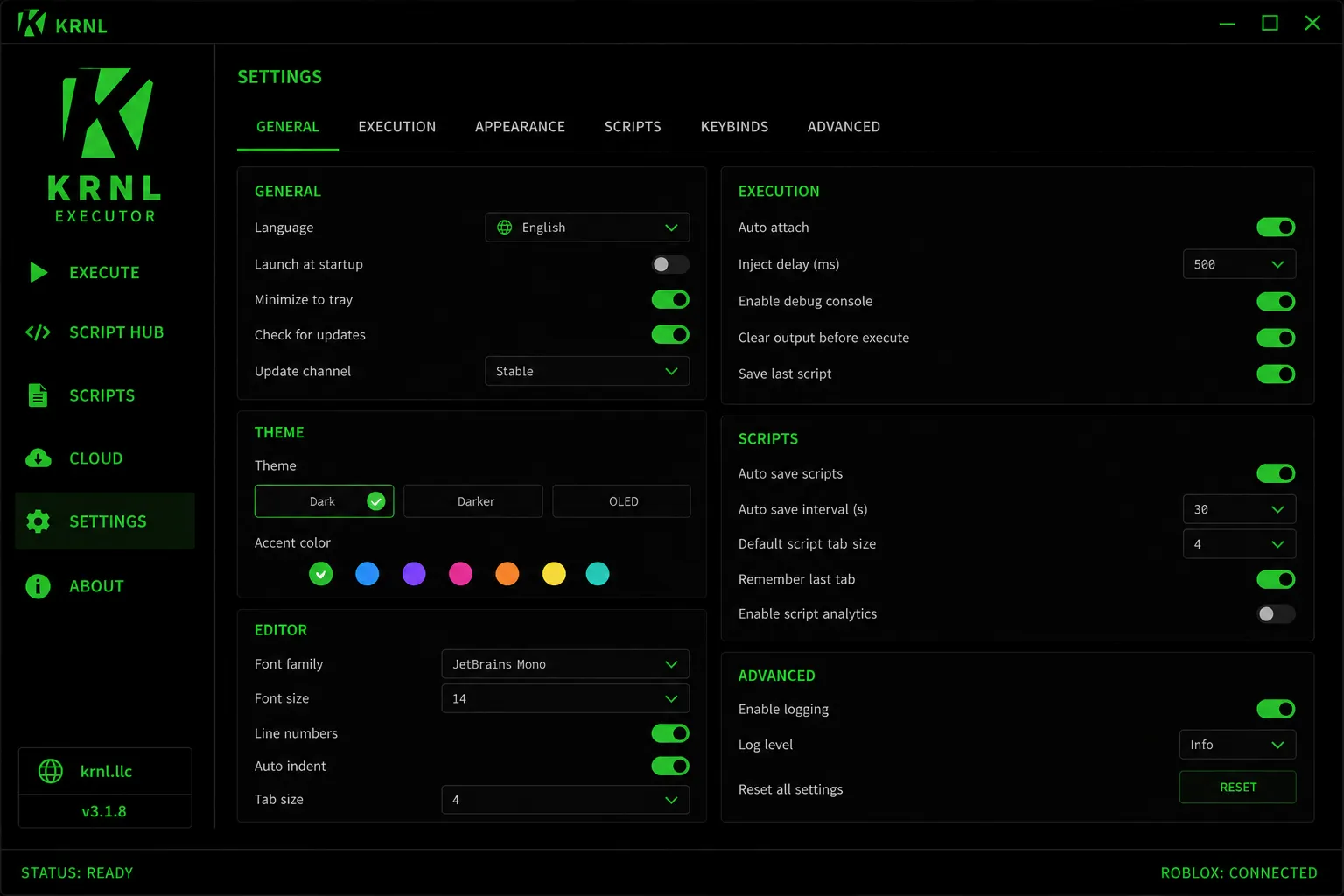 KRNL Executor settings panel with theme, editor, execution and update options